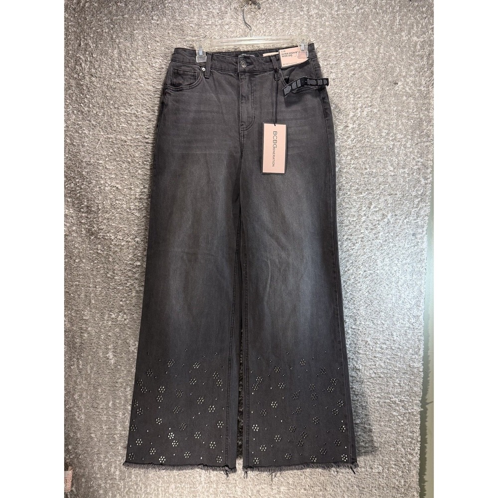 BCBGeneration 7/28 Black Ultra High Rise Wide Leg Jeans W Studded Hem Baggy NWT